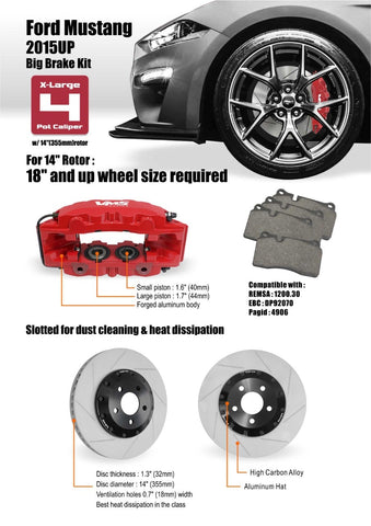 FRONT BIG BRAKE KIT 2 PIECE 14" ROTORS WITH 4 PISTON CALIPERS (2015-2021 MUSTANG)